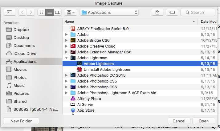 Figure 5: Select the Lightroom application and click the Open button to choose it.